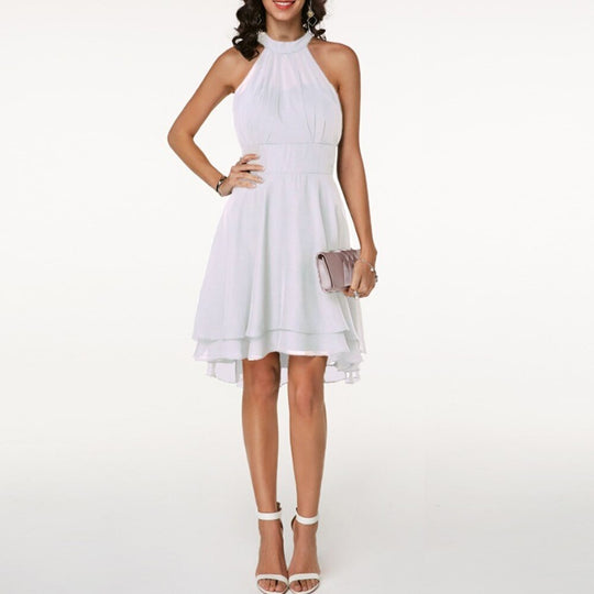 Céline | Damska Sukienka Mini Halter z Odkrytymi Plecami | Drapowana Talia | Falbany | Elegancka na Wesele i Przyjęcia