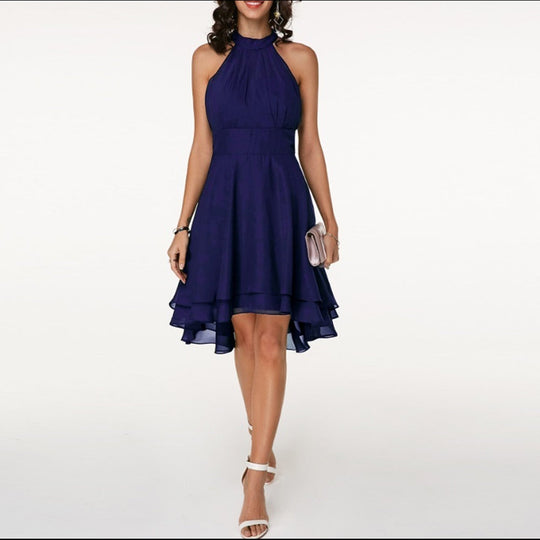 Céline | Damska Sukienka Mini Halter z Odkrytymi Plecami | Drapowana Talia | Falbany | Elegancka na Wesele i Przyjęcia