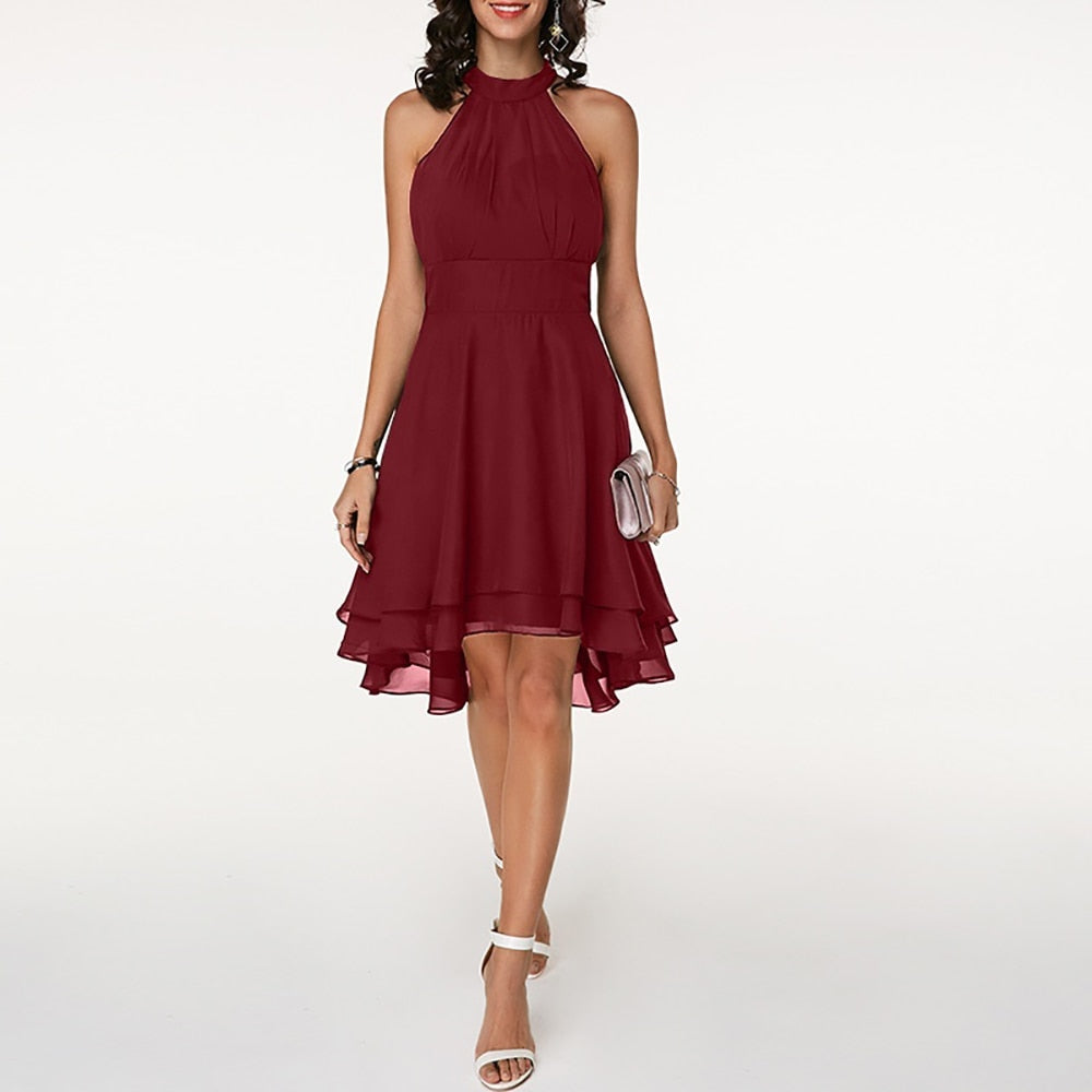 Céline | Damska Sukienka Mini Halter z Odkrytymi Plecami | Drapowana Talia | Falbany | Elegancka na Wesele i Przyjęcia