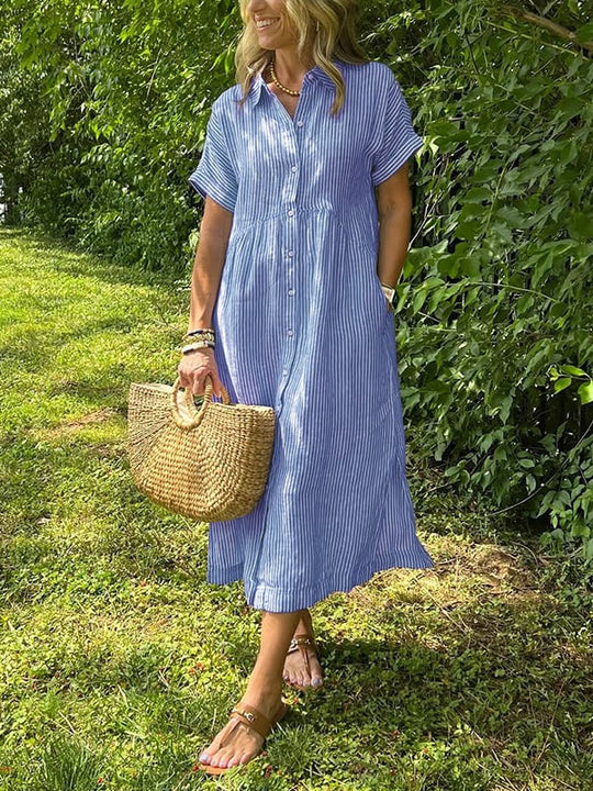 Celine | Damska Sukienka Koszulowa Midi w Paski | Krótki Rękaw | Pasek w Talii | Guziki | Wiosna i Lato