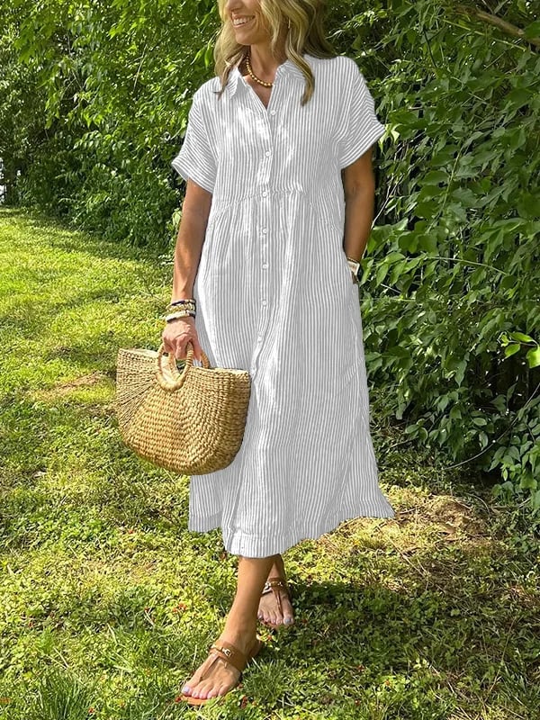 Celine | Damska Sukienka Koszulowa Midi w Paski | Krótki Rękaw | Pasek w Talii | Guziki | Wiosna i Lato