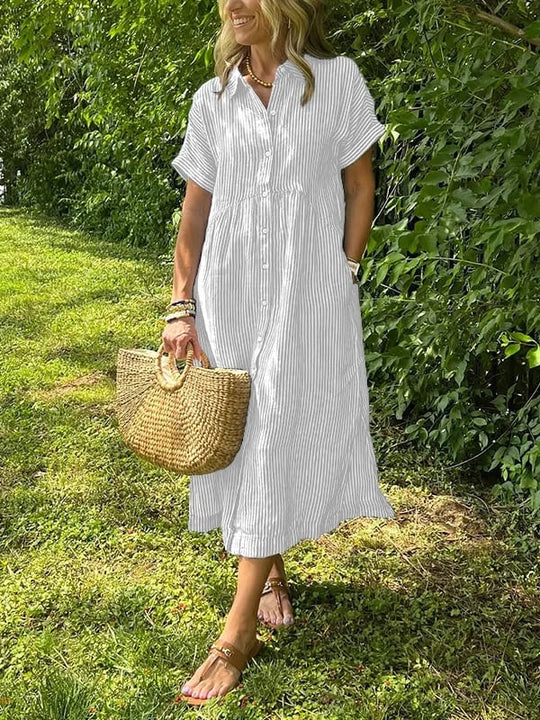 Celine | Damska Sukienka Koszulowa Midi w Paski | Krótki Rękaw | Pasek w Talii | Guziki | Wiosna i Lato