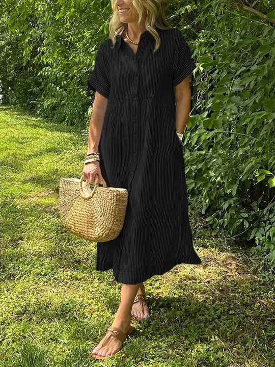 Celine | Damska Sukienka Koszulowa Midi w Paski | Krótki Rękaw | Pasek w Talii | Guziki | Wiosna i Lato
