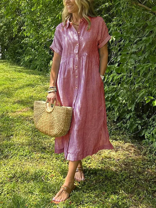 Celine | Damska Sukienka Koszulowa Midi w Paski | Krótki Rękaw | Pasek w Talii | Guziki | Wiosna i Lato