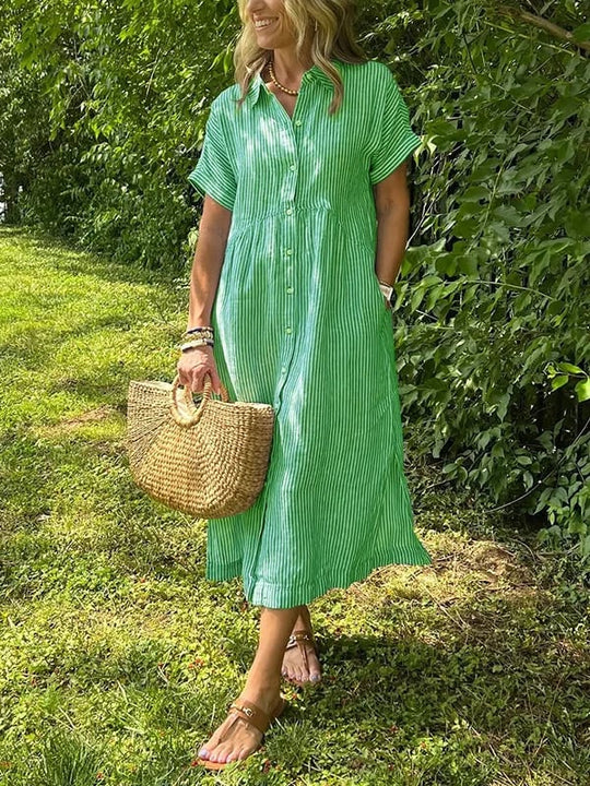 Celine | Damska Sukienka Koszulowa Midi w Paski | Krótki Rękaw | Pasek w Talii | Guziki | Wiosna i Lato