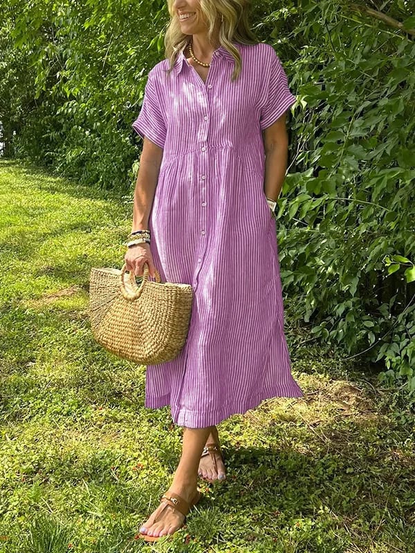 Celine | Damska Sukienka Koszulowa Midi w Paski | Krótki Rękaw | Pasek w Talii | Guziki | Wiosna i Lato
