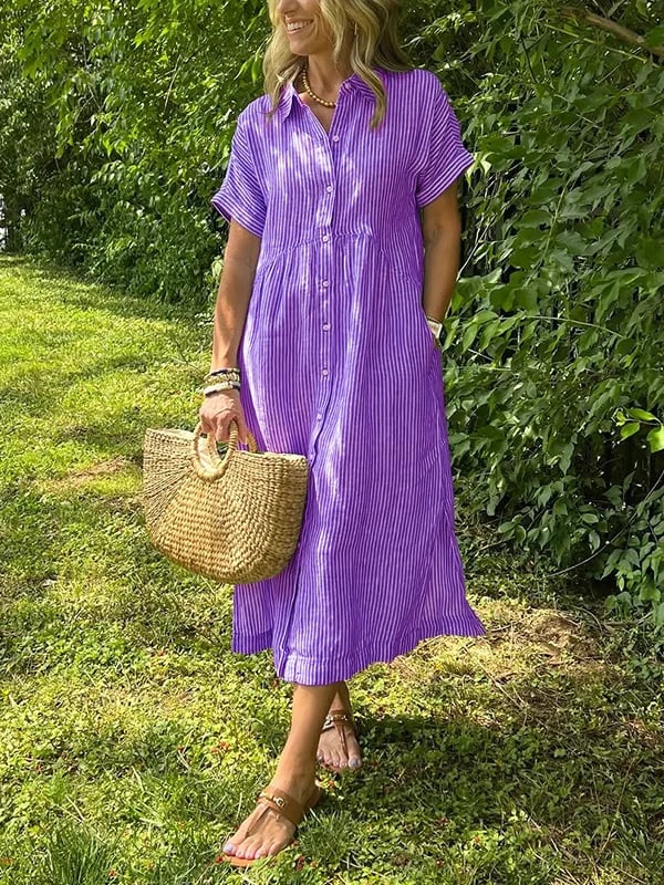 Celine | Damska Sukienka Koszulowa Midi w Paski | Krótki Rękaw | Pasek w Talii | Guziki | Wiosna i Lato