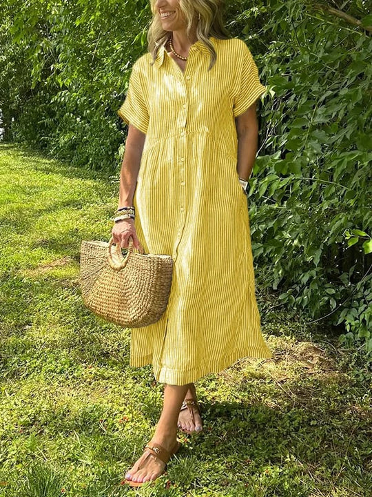 Celine | Damska Sukienka Koszulowa Midi w Paski | Krótki Rękaw | Pasek w Talii | Guziki | Wiosna i Lato