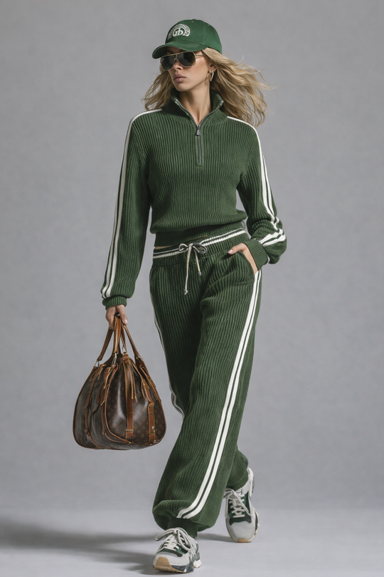 Kobieta | Dres Damski | Wende | Top z Krótkim Zamkiem | Szerokie Spodnie | Stylowe Paski | All-Season
