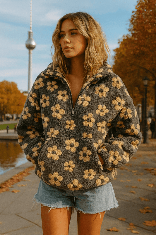 Sweter damski oversize | kwiatowy wzór, dzianina