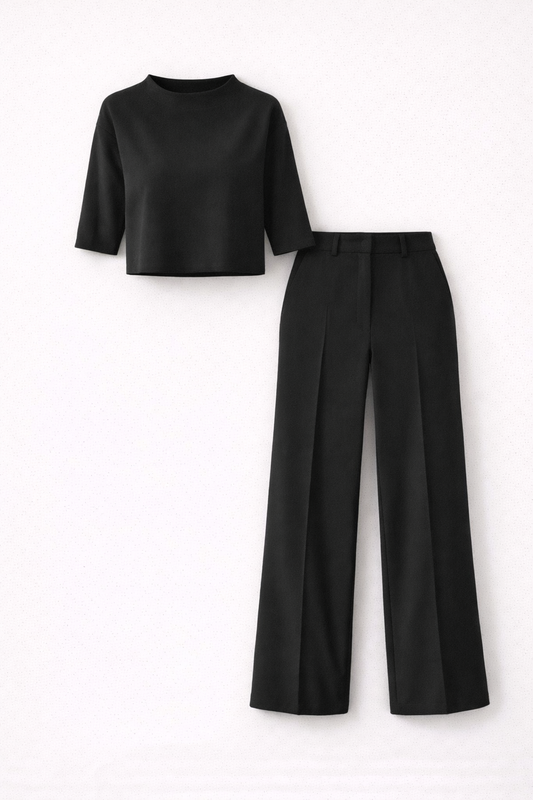 Isabela - Garnitur damski | Top z ukrytym zamkiem, spodnie z szerokimi nogawkami | Elegancki styl do biura