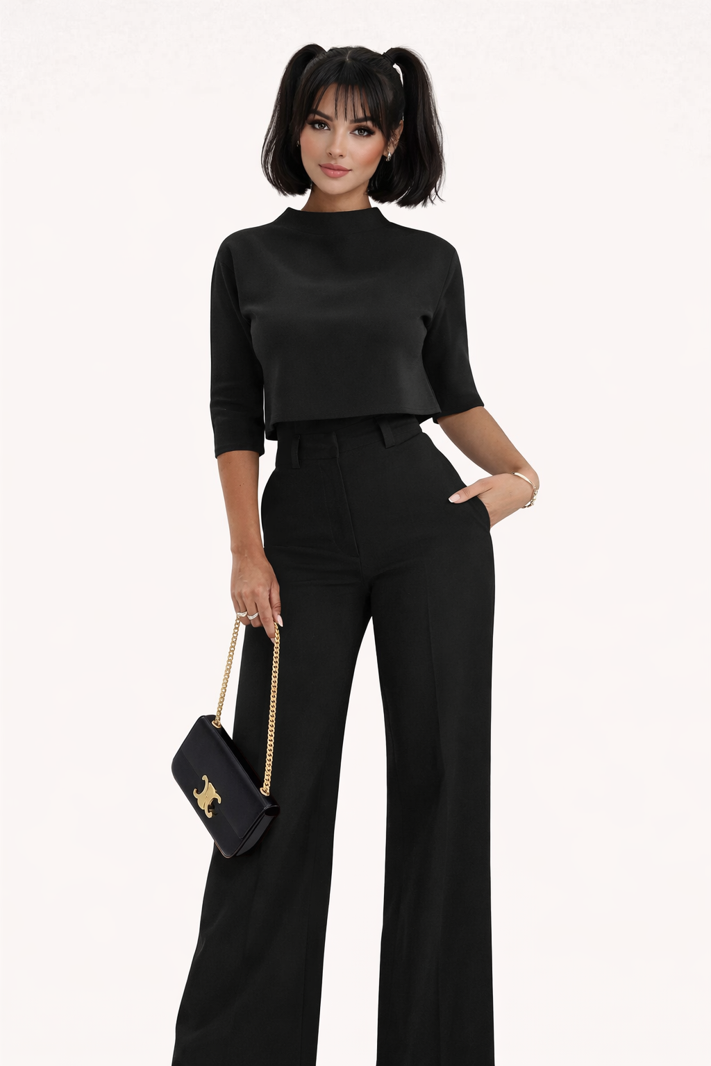 Kobieta | Garnitur Damski | Spodnie z Szerokimi Nogawkami | Regular Fit | Elegancki Top | All-Season