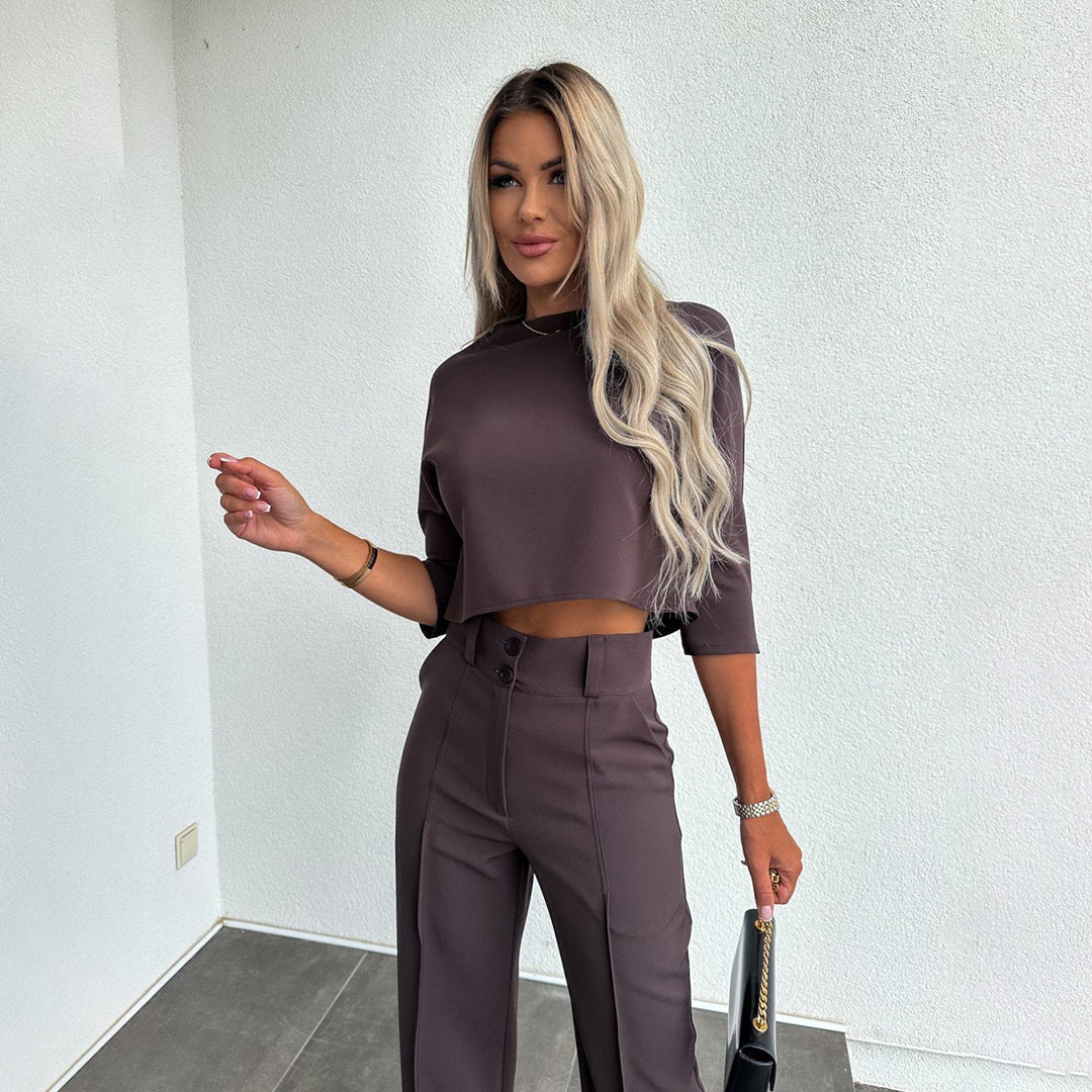 Kobieta | Zestaw 2-częściowy | Top z Krótkim Rękawem | Luźne Spodnie | Styl Casual Elegancki