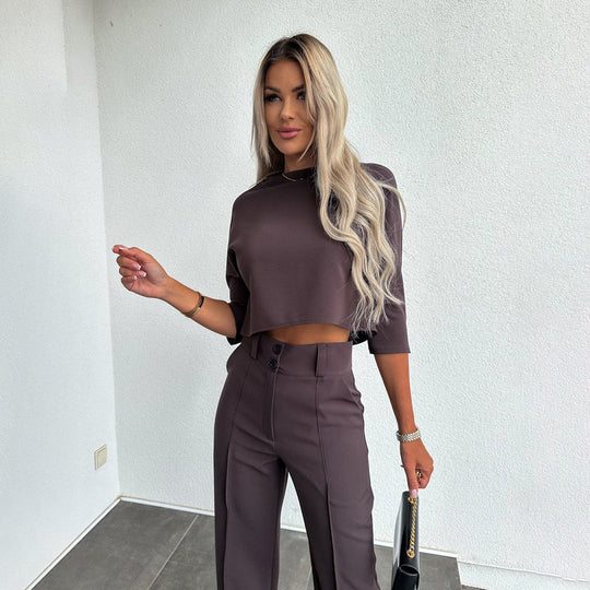 Kobieta | Zestaw 2-częściowy | Top z Krótkim Rękawem | Luźne Spodnie | Styl Casual Elegancki