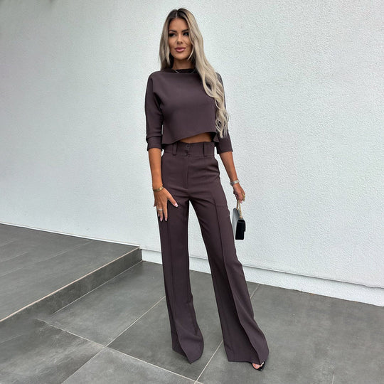 Kobieta | Zestaw 2-częściowy | Top z Krótkim Rękawem | Luźne Spodnie | Styl Casual Elegancki