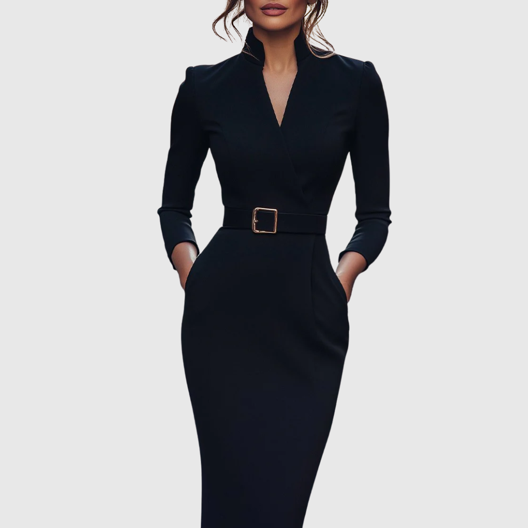 Claribel | Elegancka Sukienka Midi Damska | Rękawy 3/4 | Pasek z Klamrą | Kieszenie | Na Co Dzień i Do Pracy