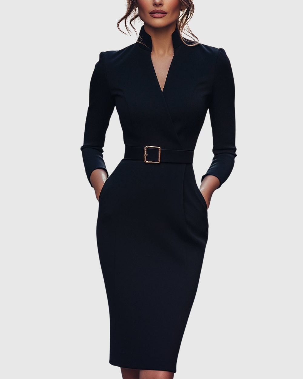 Claribel | Elegancka Sukienka Midi Damska | Rękawy 3/4 | Pasek z Klamrą | Kieszenie | Na Co Dzień i Do Pracy