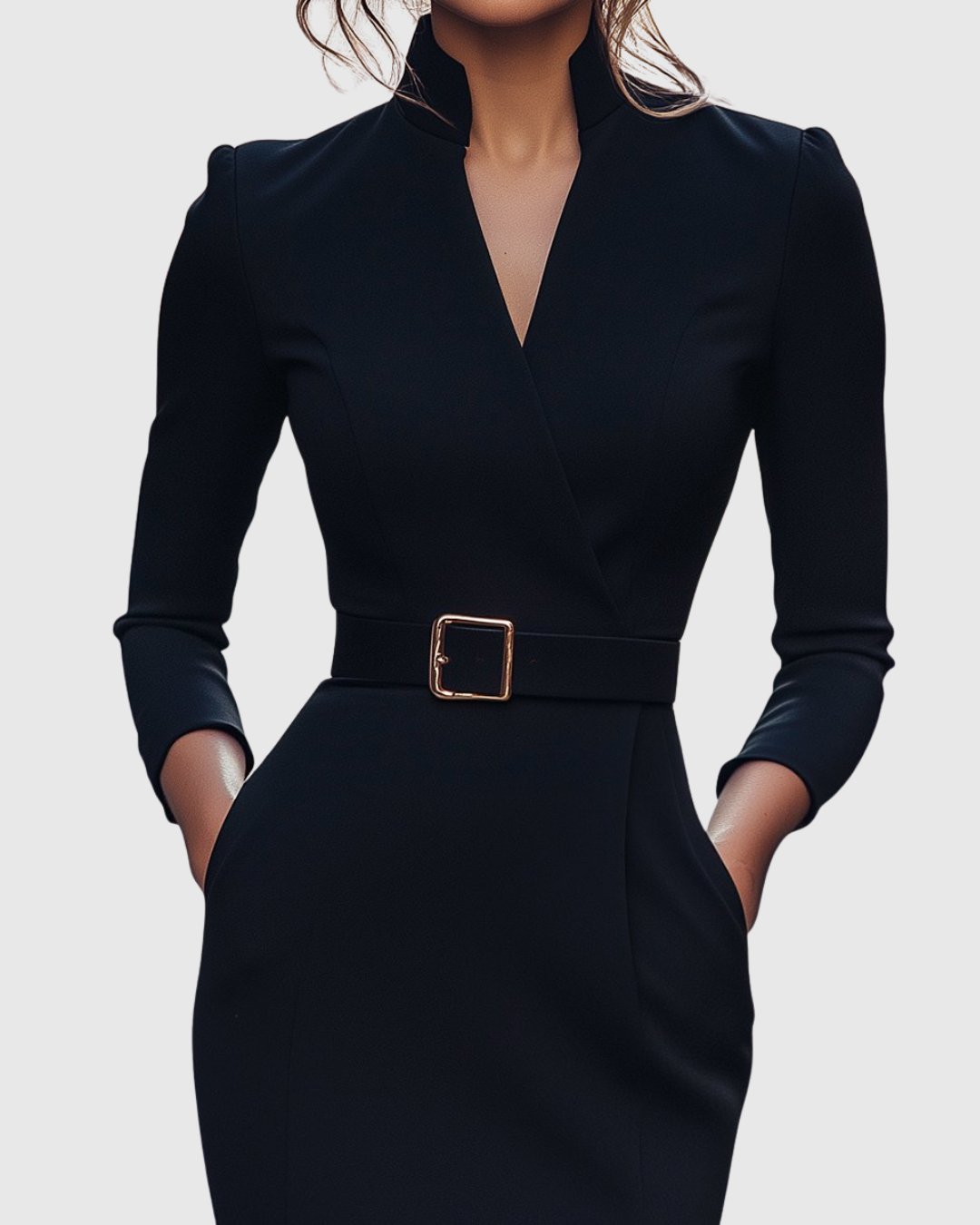 Claribel | Elegancka Sukienka Midi Damska | Rękawy 3/4 | Pasek z Klamrą | Kieszenie | Na Co Dzień i Do Pracy