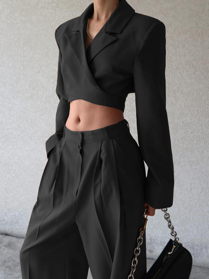 Damski | Dwuczęściowy Komplet | Cropped Blazer | Szerokie Spodnie | Regular Fit | Elegancki