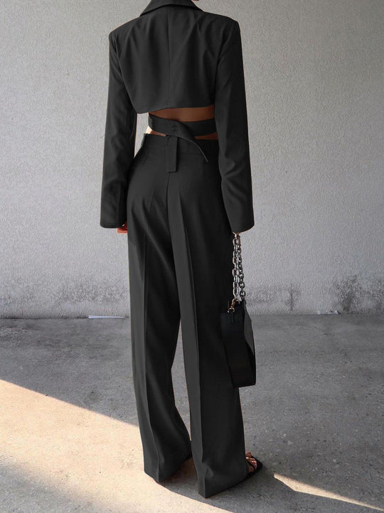 Damski | Dwuczęściowy Komplet | Cropped Blazer | Szerokie Spodnie | Regular Fit | Elegancki