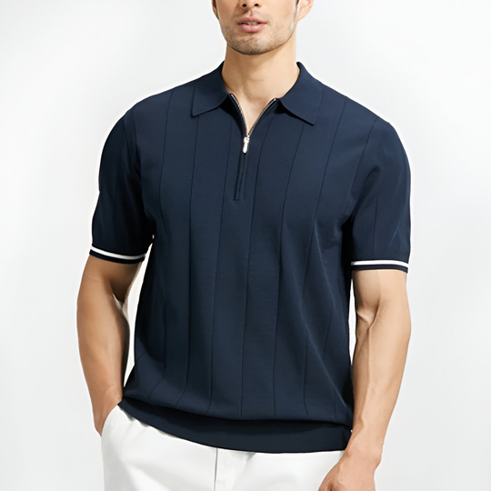 Męska Koszulka Polo z Krótkim Rękawem | Zamek Błyskawiczny | Paski na Rękawach | Regular Fit | Casual i Smart Casual