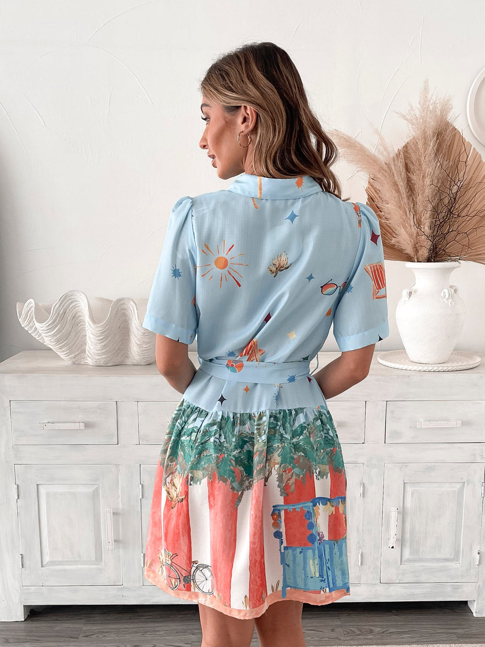 Kobieta | Sukienka Mini | Koszulowy Kołnierzyk | Guziki z Przodu | Pasek w Talii | Krój A