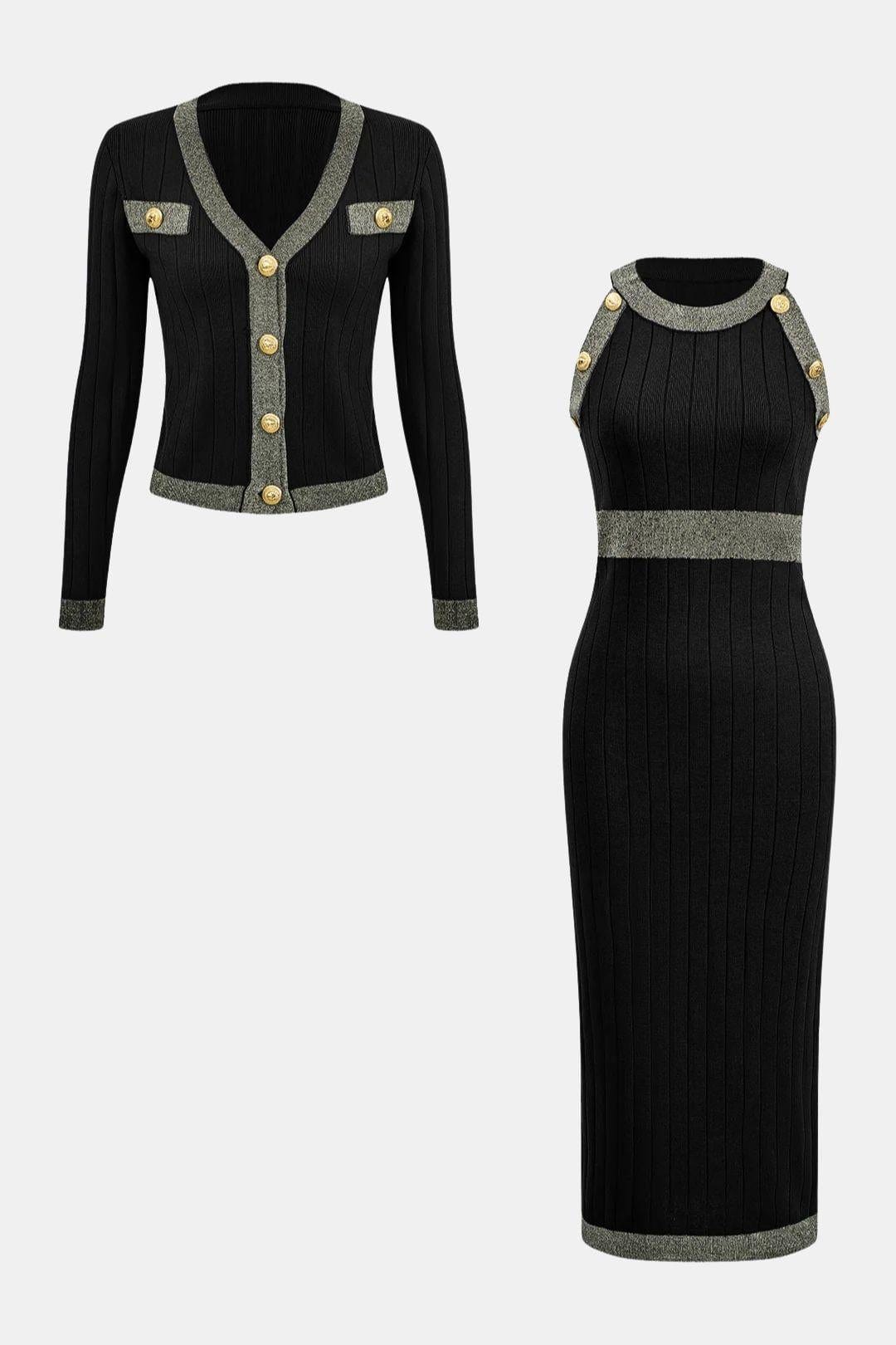 Eleonora | Zestaw Swetra z Guzikami i Sukienki | Dopasowany, Elegancki Look na Dzień i Wieczór