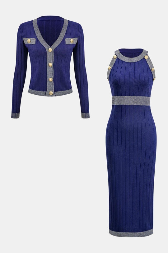 Eleonora | Zestaw Swetra z Guzikami i Sukienki | Dopasowany, Elegancki Look na Dzień i Wieczór
