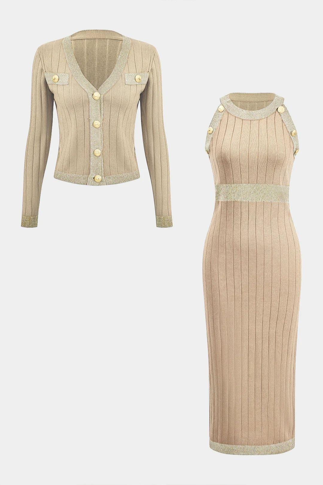 Eleonora | Zestaw Swetra z Guzikami i Sukienki | Dopasowany, Elegancki Look na Dzień i Wieczór