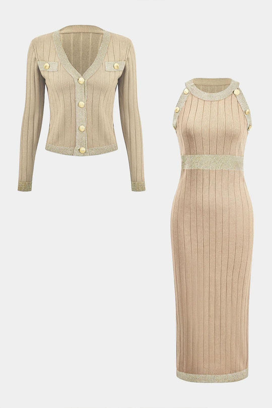 Eleonora | Zestaw Swetra z Guzikami i Sukienki | Dopasowany, Elegancki Look na Dzień i Wieczór
