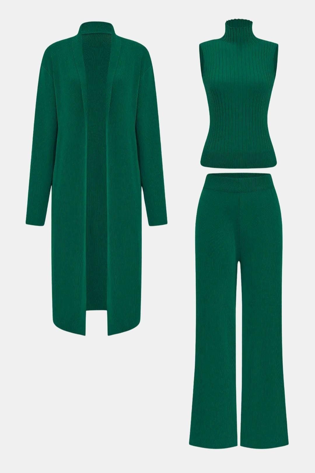 Elisa | Zestaw Top na Ramiączkach, Kardigan i Spodnie | Dopasowana Dzianina, Elegancki Look
