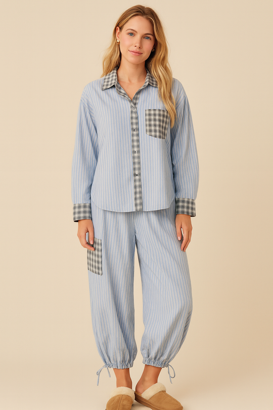 Damski | Komplet Piżamowy | Krata | Luźny Krój | Długie Rękawy | Elastyczna Talia