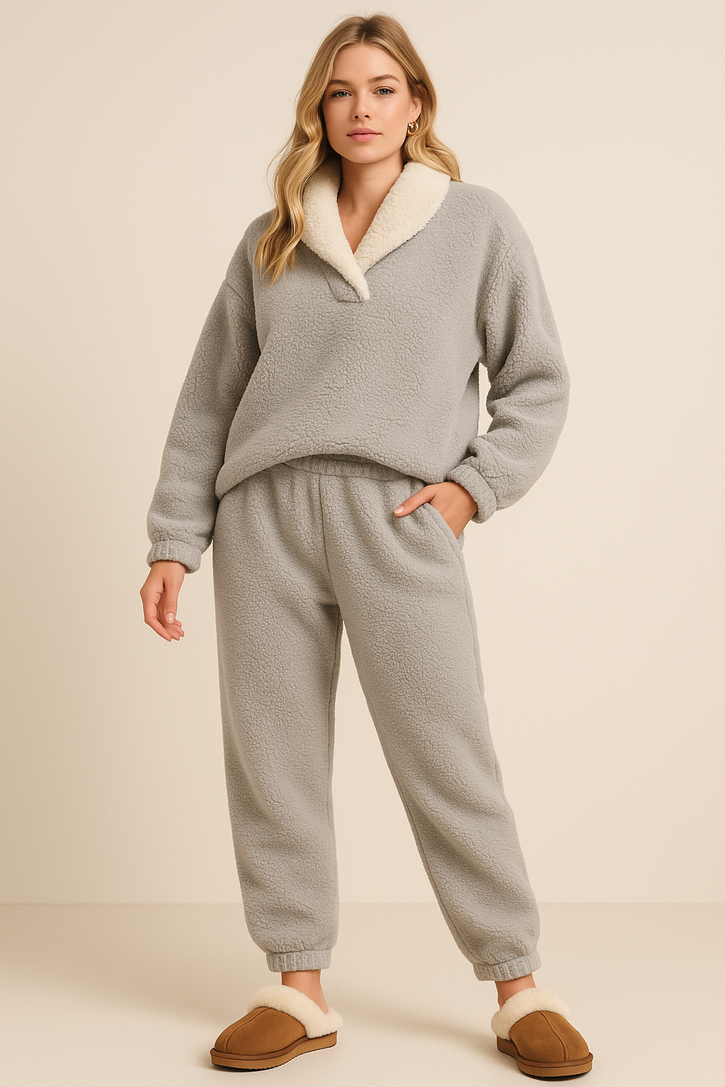 Damski | Komplet Piżamowy Fleece | V-dekolt | Luźny Krój | Ciepły i Miękki