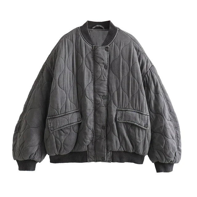 Kobieca Przeszywana Kurtka Bomber w Stylu Oversized z Zatrzaskami i Kieszeniami