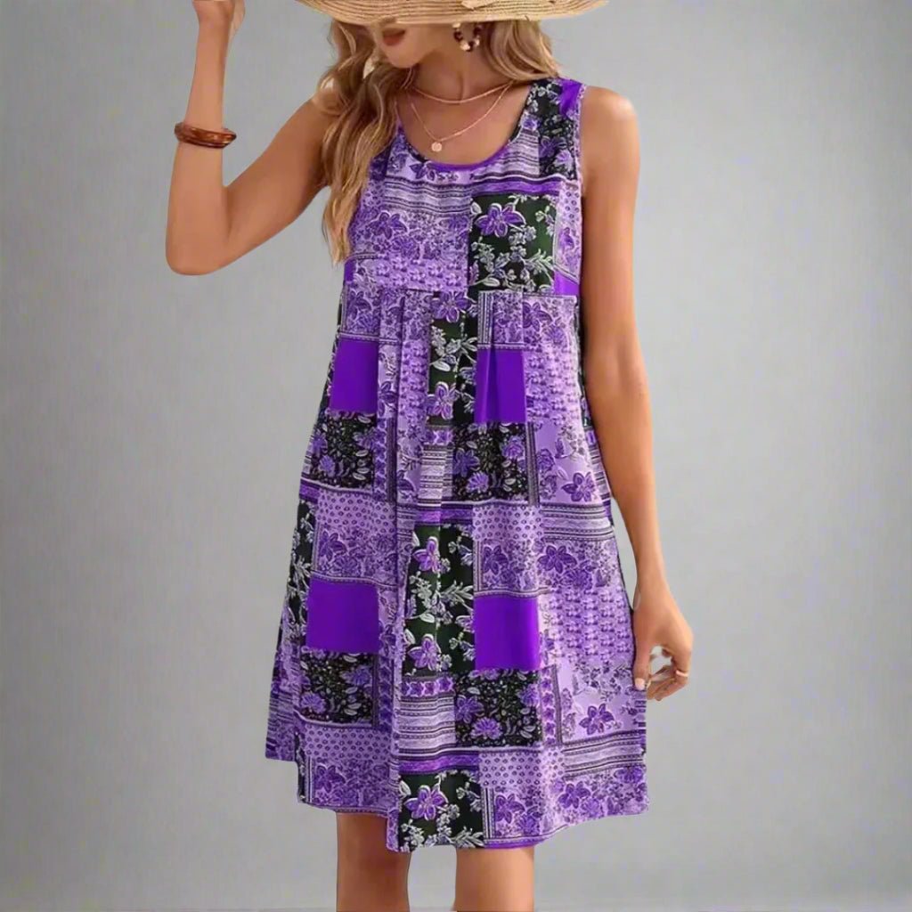 Fleur | Damska Sukienka Boho Mini Patchwork | Okrągły Dekolt | Bez Rękawów | Luźny Fason Empire A-Line | Wiosna i Lato