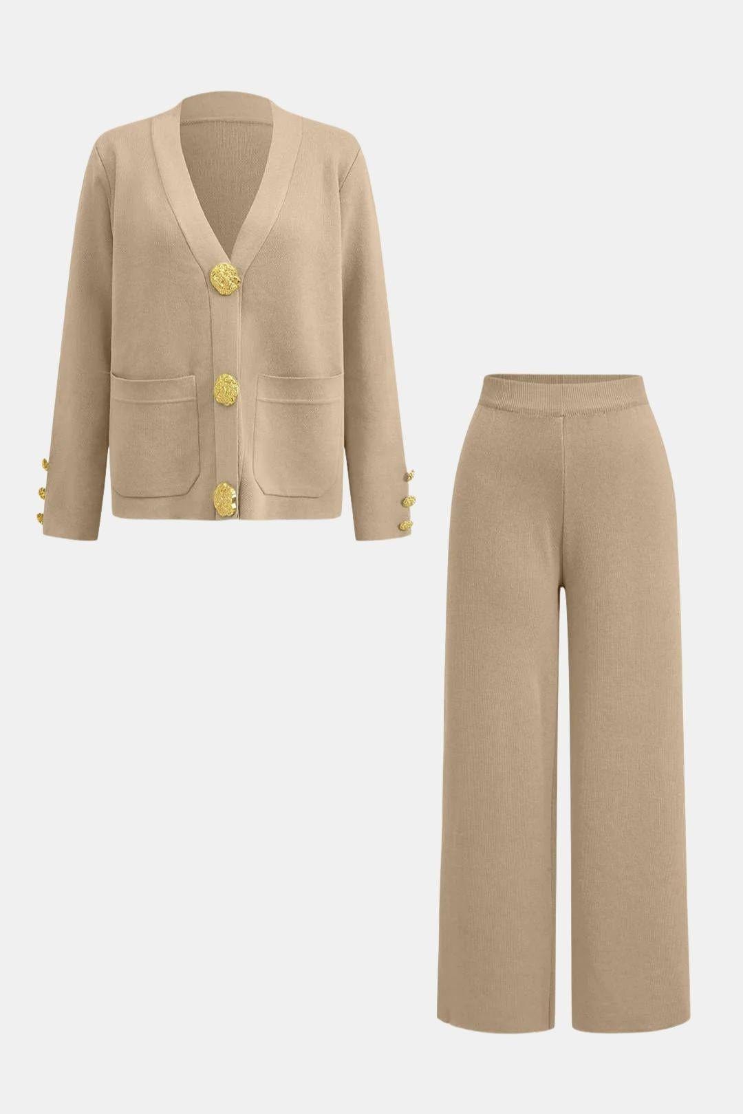 Giorgia | Sweter i Spodnie o Szerokich Nogawkach | Miękka Dzianina, Złote Guziki, Luźny Look