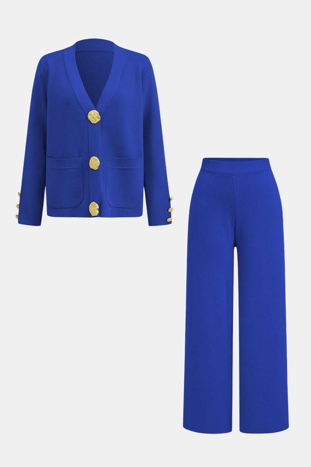 Giorgia | Sweter i Spodnie o Szerokich Nogawkach | Miękka Dzianina, Złote Guziki, Luźny Look