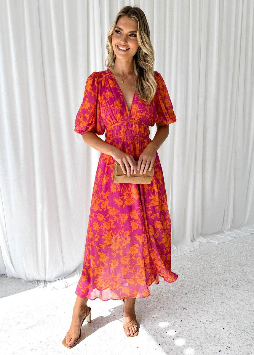 Giulietta | Elegancka Damska Sukienka Midi w Kwiaty | Dekolt V | Bufiaste Rękawy | Elastyczna Talia | Letnia Sukienka