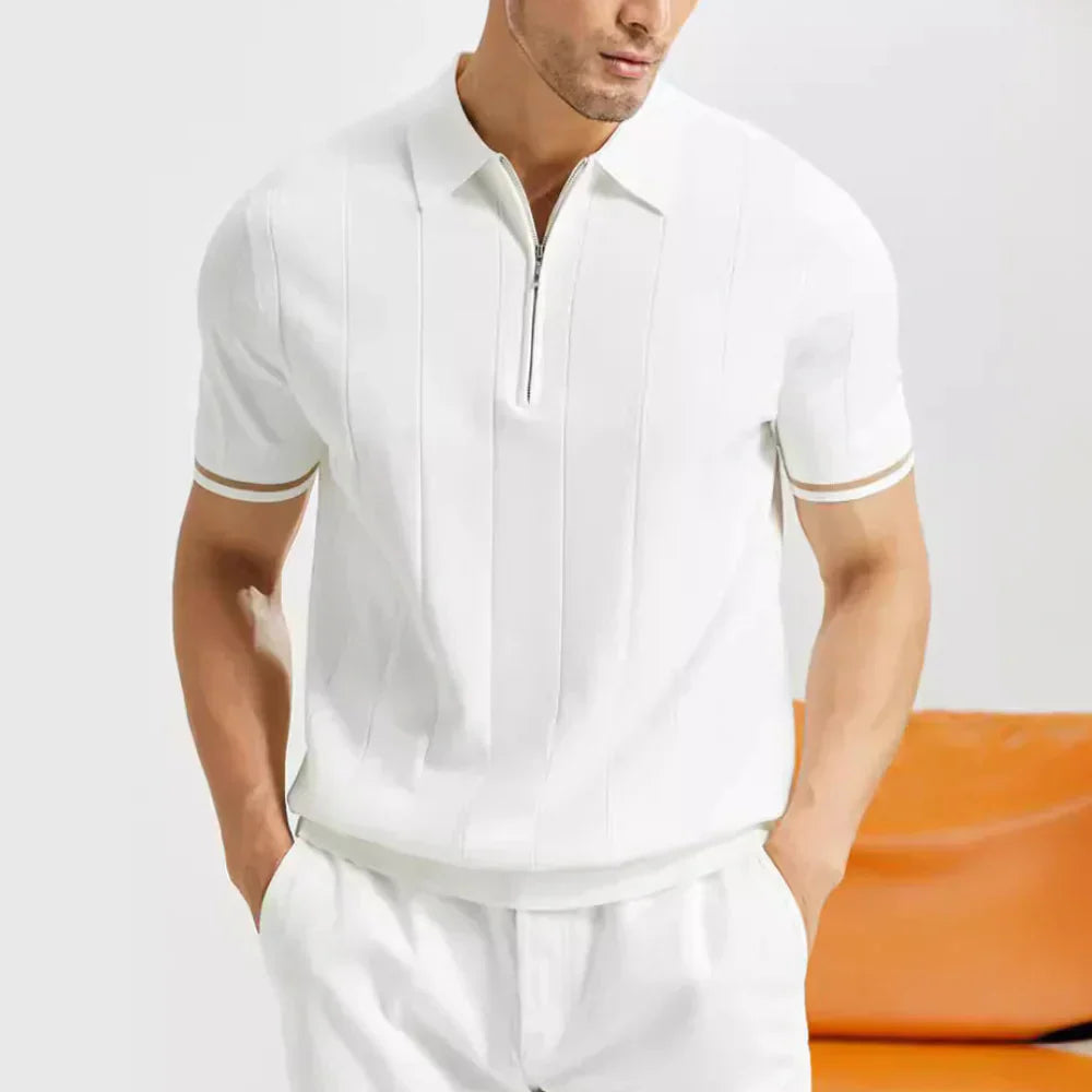 Męska Koszulka Polo z Krótkim Rękawem | Zamek Błyskawiczny | Paski na Rękawach | Regular Fit | Casual i Smart Casual