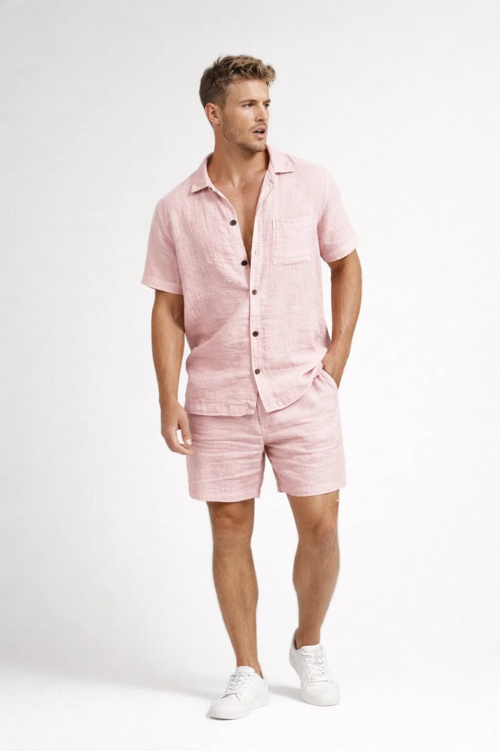 Mężczyźni | Komplet Dwuczęściowy | Zapięcie na Guziki | Krótki Rękaw | Styl Casual