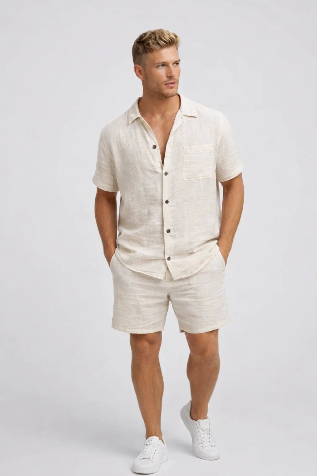 Mężczyźni | Komplet Dwuczęściowy | Zapięcie na Guziki | Krótki Rękaw | Styl Casual
