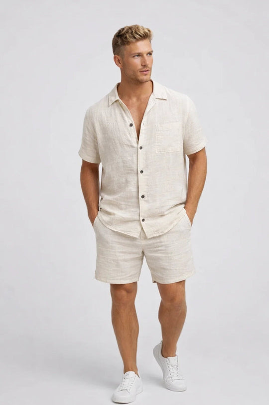 Mężczyźni | Komplet Dwuczęściowy | Zapięcie na Guziki | Krótki Rękaw | Styl Casual