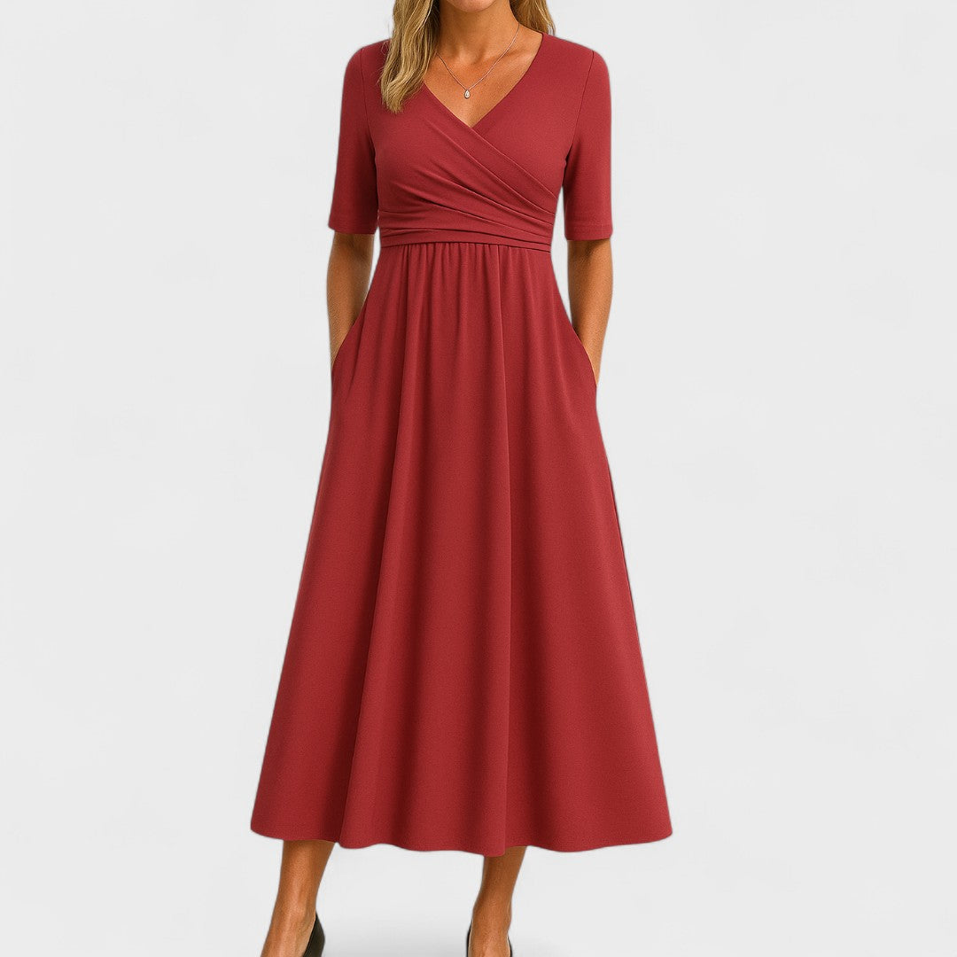 Ida | Elegancka Sukienka Midi Damska | Dekolt V | Dopasowana Talia | Ukryte Kieszenie | Na Wiosnę i Jesień