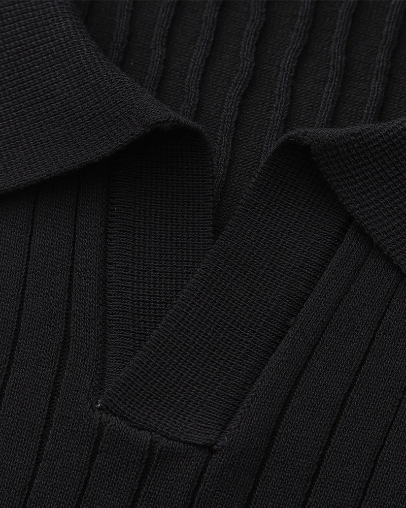 Męskie Polo z Otwartych Kołnierzem V | Struktura w Pionowe Prążki | Casual Smart Fit | Na Ciepłe Sezony i Półsezon