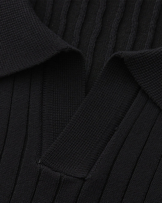 Męskie Polo z Otwartych Kołnierzem V | Struktura w Pionowe Prążki | Casual Smart Fit | Na Ciepłe Sezony i Półsezon