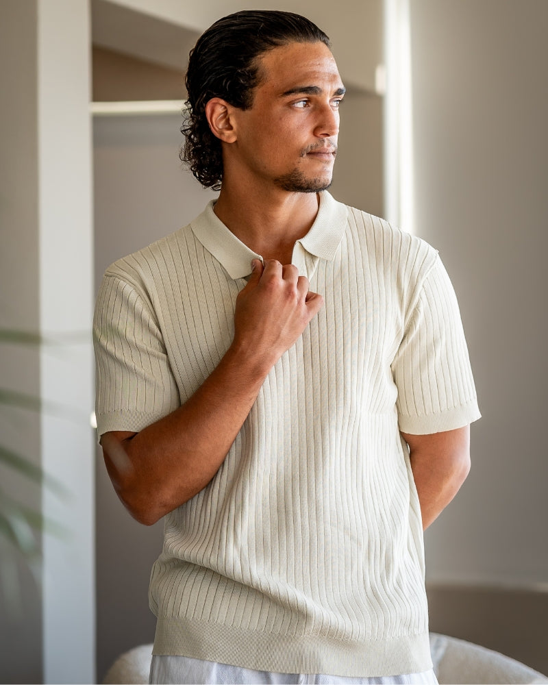 Męskie Polo z Otwartych Kołnierzem V | Struktura w Pionowe Prążki | Casual Smart Fit | Na Ciepłe Sezony i Półsezon