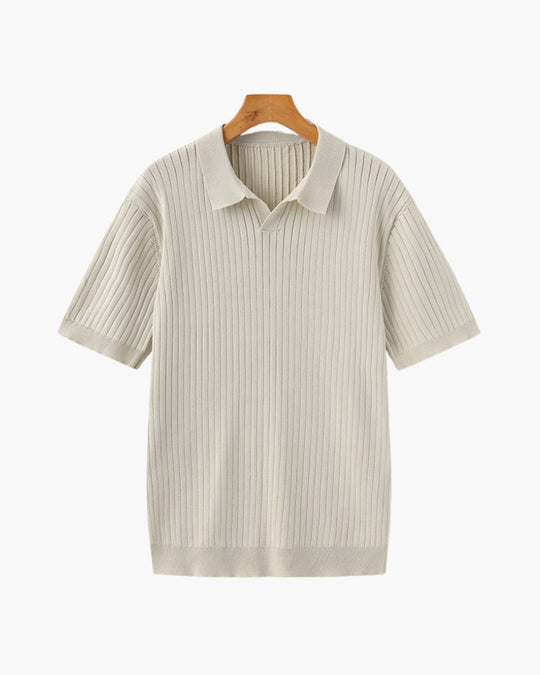 Męskie Polo z Otwartych Kołnierzem V | Struktura w Pionowe Prążki | Casual Smart Fit | Na Ciepłe Sezony i Półsezon