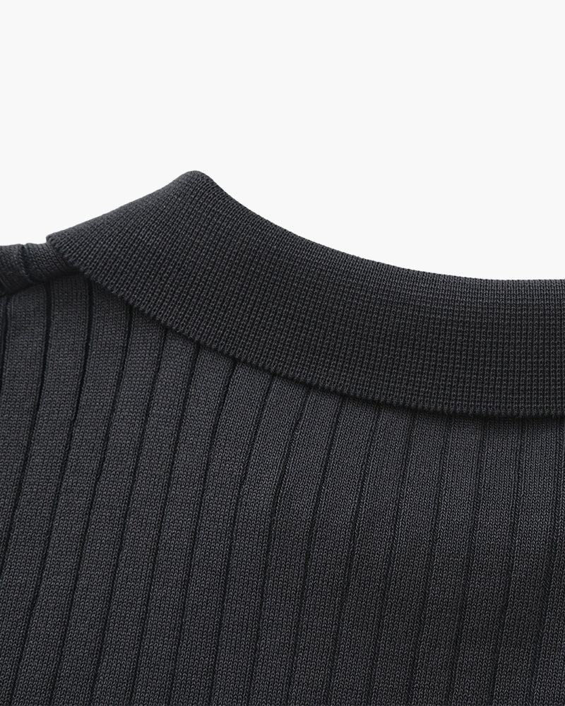 Męskie Polo z Otwartych Kołnierzem V | Struktura w Pionowe Prążki | Casual Smart Fit | Na Ciepłe Sezony i Półsezon