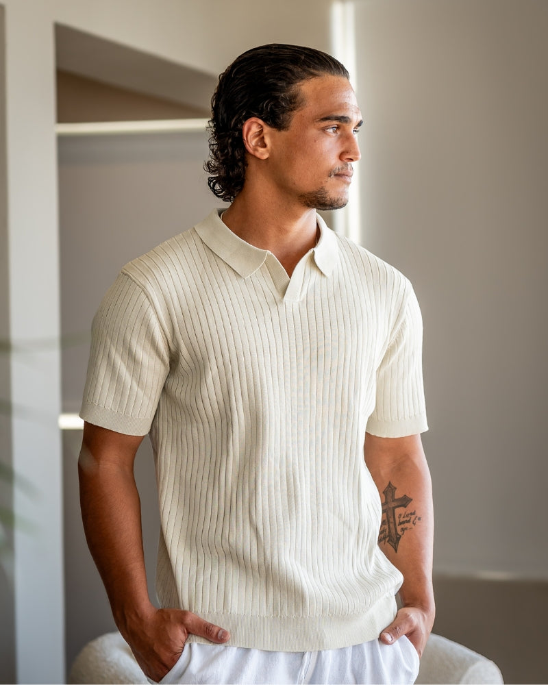 Męskie Polo z Otwartych Kołnierzem V | Struktura w Pionowe Prążki | Casual Smart Fit | Na Ciepłe Sezony i Półsezon