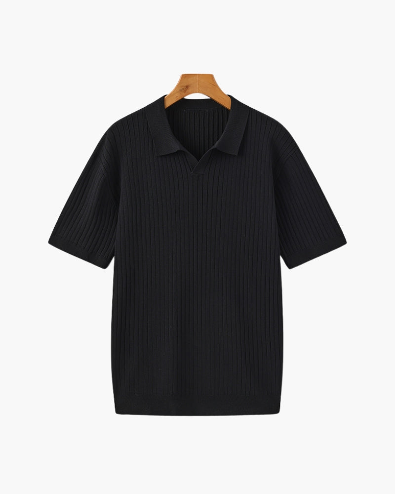 Męskie Polo z Otwartych Kołnierzem V | Struktura w Pionowe Prążki | Casual Smart Fit | Na Ciepłe Sezony i Półsezon